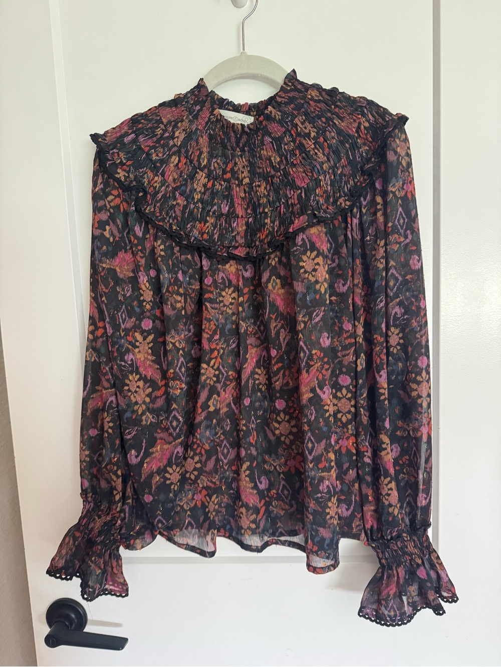 Treasure & Bond Black Floral Smocked Ruffle Neck Blouse